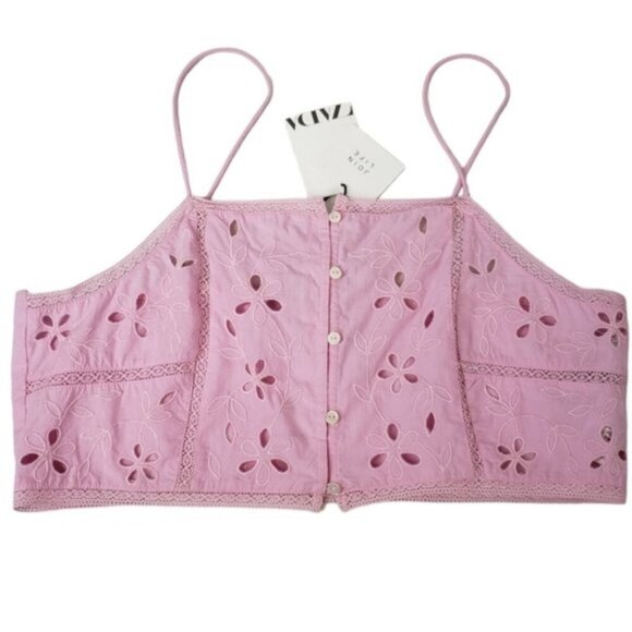 New Zara Pink Eyelet Cropped Tank Top Size Large Barbie Romantic Summer - Picture 1 of 12